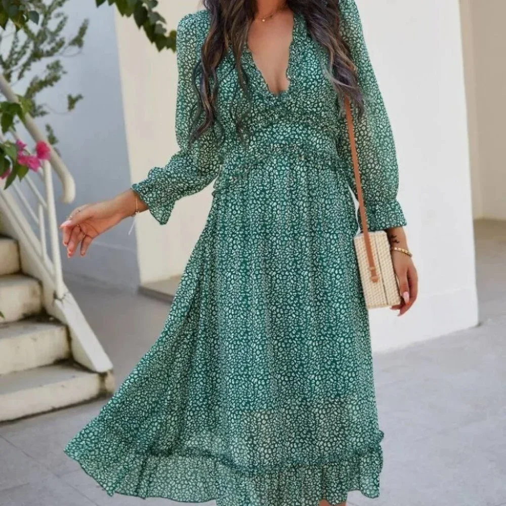 Animal print Ruffle Hem Dress Shabby Chic Cottagecore green - Picture 3 of 7
